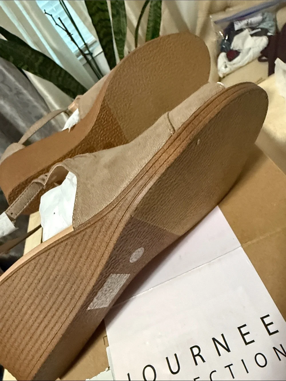 Journee Collection Taupe Suede-Look Peep Toe Wedge Sandals 10